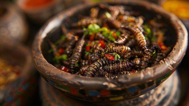 Mopane worms, dried and fried, served as a snack, local Zimbabwean market