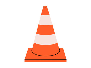 Hand drawn cute cartoon illustration of traffic cone. Flat vector road warning or caution sign in colored doodle style. Attention striped barrier icon. Stop signal. Settings or fix problem. Isolated.