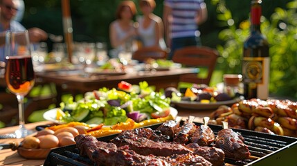 backyard bbq dinner party happy people enjoying tasty grilled meat salads and wine outdoors