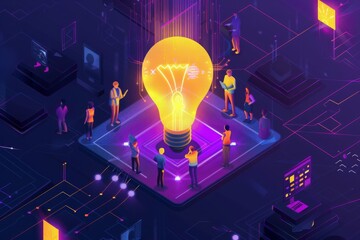 business illustration. small people characters develop creative business idea. Isometric big light bulb as metaphor idea. Graphics design 
