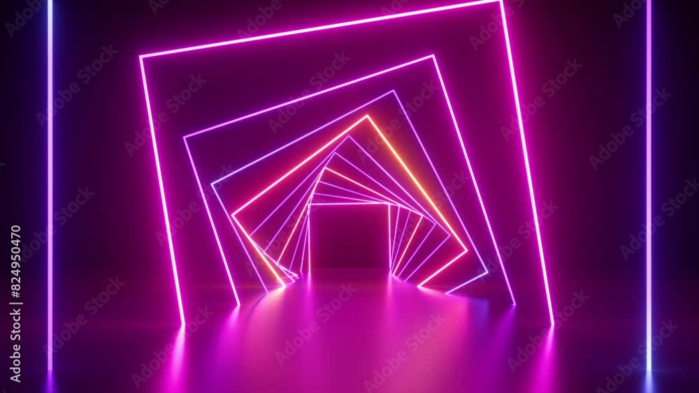 Poster looped 3d animation. pink tunnel with flashing and rotating neon frames. abstract geometric backgrou