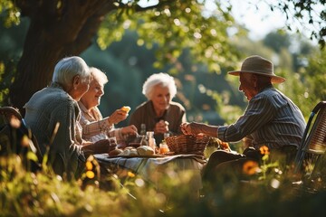 Elderly individuals gathered around a table, enjoying a meal together