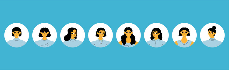 Collection of different people avatars. Round icons with various smiling women. Modern vector illustration.