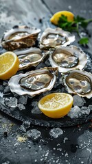 Oysters on the half shell, served with lemon and mignonette sauce, chic Parisian seafood bar