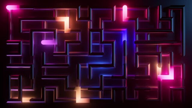 Looped 3d animation. Video of abstract neon labyrinth background with laser drawn geometric shapes. Neon snake motion. The multicolored lights inside the maze glow in the dark