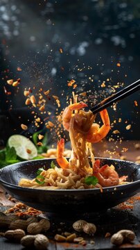 Pad Thai, stirfried noodles with shrimp, peanuts, and lime, bustling Thai street food scene