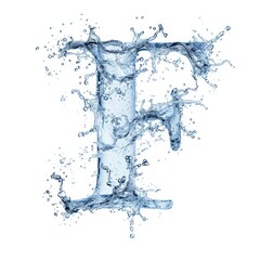 Ice letter F. Aquamarine Latin letter made of water and splash on white background. Letter F water splash alphabet isolated on white. 3D rendering illustration.