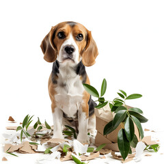 Naughty beagle dog with torn paper and overturned houseplant sitting in messy living room isolated on white background, text area, png
