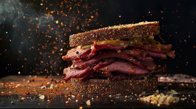 Pastrami on rye, piled high with mustard, classic New York deli