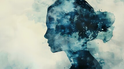 A striking composition showcasing a woman consumed by depression, her silhouette intertwined with evocative watercolor patterns, conveyed in crystal-clear HD imagery.