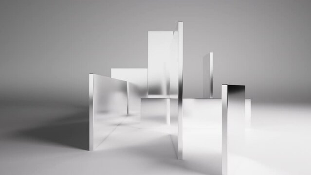 cycled 3d animation, abstract monochrome background. Silver mirrored blocks with contrasting shadows and caustics, spin and rotate. Chaotic chrome metallic objects flying in the air