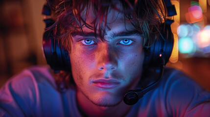 Close-up portrait of a young man with headphones in neon-lit city environment. Focused expression with blue eyes. Technology and modern lifestyle concept with blurred urban background