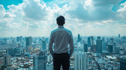 Fototapeta premium businessman overlooking city horizon preparing for new opportunities and challenges