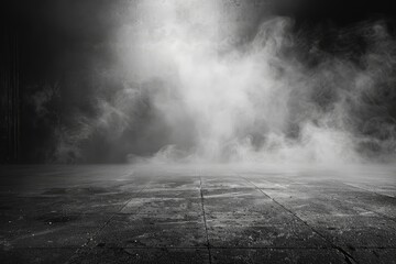 Abstract image of dark room concrete floor. Black room or stage background for product placement.Panoramic view of the abstract fog, mist or smog moves on black background  - generative ai
