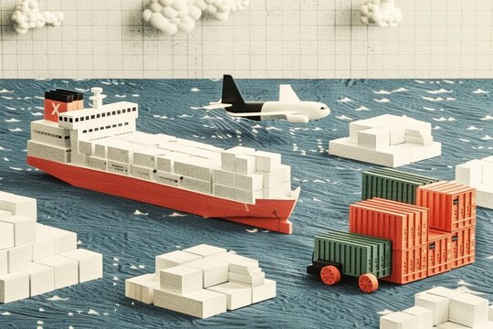 3D illustration depicting a logistic network with a cargo ship