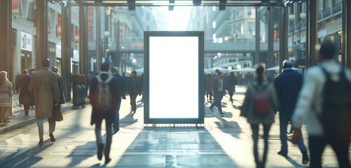 Ultra HD 3D rendered busy pedestrian street with a blank billboard for high foot traffic ad exposure, featuring a light border.