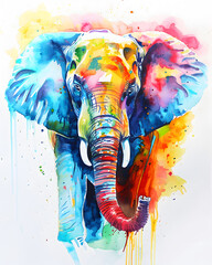 Colorful watercolor elephant head illustration on white background.