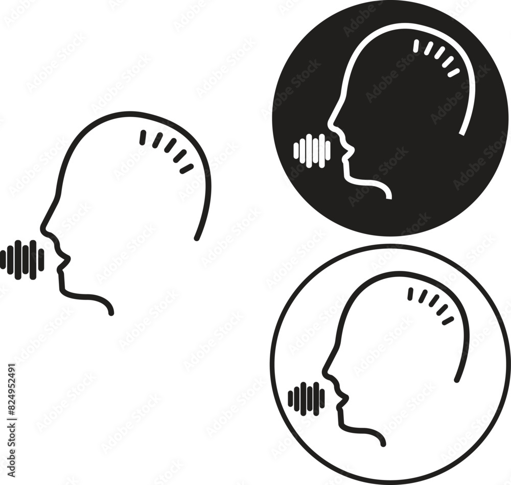 Aufkleber set of talk or speech head logos in trendy line styles. ai assistant person face symbols. voice comm