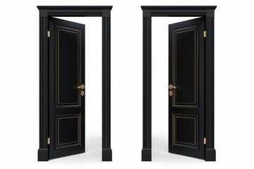 realistic 3d black wooden door frame open and closed with handle and lock welcome home design