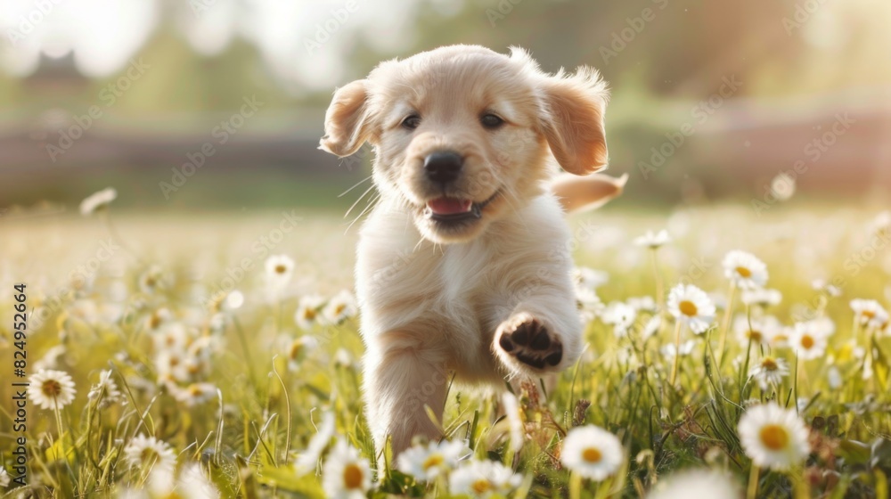 Poster an adorable puppy running through a field of daisies, its ears flapping and a look of pure happiness