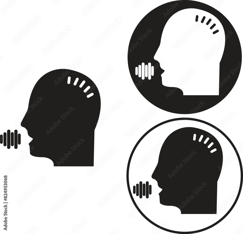 Aufkleber set of talk or speech head logos in trendy fill styles. ai assistant person face symbols. voice comm