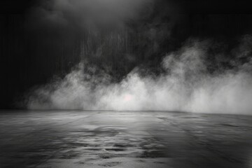 Abstract image of dark room concrete floor. Black room or stage background for product placement.Panoramic view of the abstract fog, mist or smog moves on black background  - generative ai