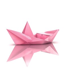 A pink folded paper boat on white background