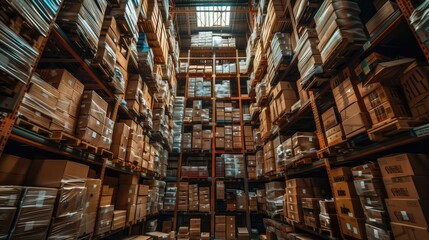 The expansive warehouse is packed with numerous boxes and shelves