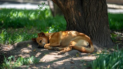 A dog curled up in the shade of a tree on a hot summer day, enjoying a peaceful afternoon nap.