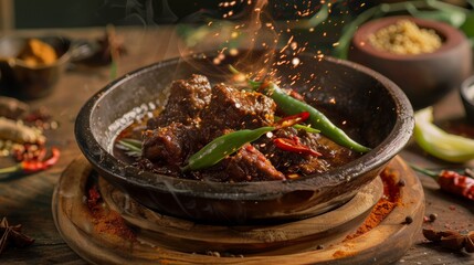 Rendang, Indonesian spicy meat dish cooked in coconut milk, family gathering in Jakarta