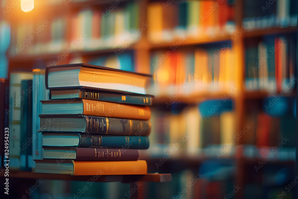 Aufkleber stack of books in the library and blur bookshelf background with blur light