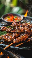 Satay, grilled meat skewers with peanut sauce, vibrant Southeast Asian street market