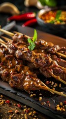Satay, grilled meat skewers with peanut sauce, vibrant Southeast Asian street market