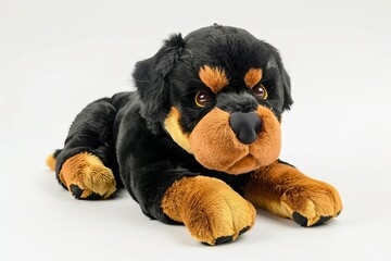 realistic fluffy rottweiler dog plush toy isolated on white background childrens toy photography