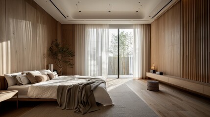 The AI-generated photo shows a modern bedroom with a large bed, a sitting area, and a view of the city