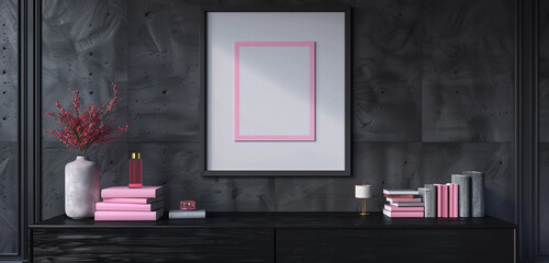 Dark modern interior with black wooden dresser, pink books, and square poster display. 3D rendering.