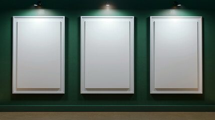 A row of three horizontal white frames against a deep green wall, each under a direct spotlight that focuses attention on the blank canvases.