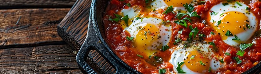 Shakshuka, eggs poached in a spicy tomato sauce, cozy Middle Eastern cafe