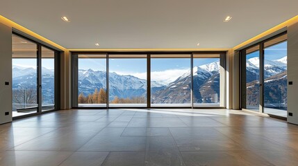 Obraz premium contemporary empty home with panoramic snowy mountain view spacious design