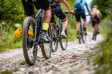 High-detail photo of people cycling on a rural trail, shot from behind, with a focus on the powerful movement of their legs and the rough terrain