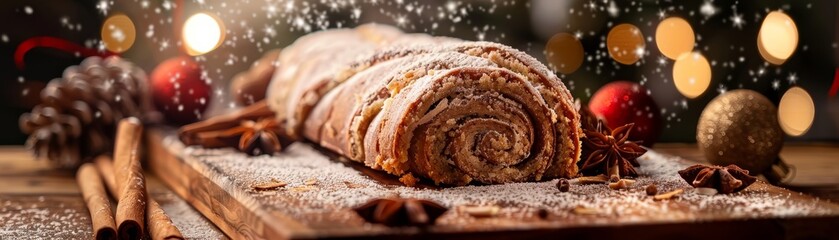 Slovenian potica, nut roll cake, slice showing the swirls, traditional holiday setting, festive decorations, warm family gathering