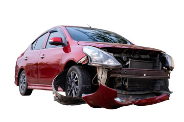 Naklejka premium Car crash, Full body front and side view of red car get damaged by accident on the road. damaged cars after collision. Isolated on transparent background, car crash broken, PNG File