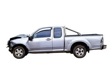 Side view of black pickup truck car get damaged by accident on the road. damaged cars after collision. isolated on transparent background, Car and casualty insurance, PNG File © ISENGARD