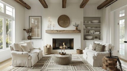 cozy farmhouse living room interior with fireplace and two armchairs modern country home design 3d illustration