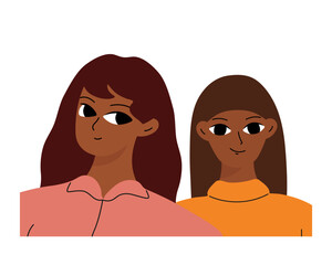 Couple of smiling black girls. Two friends, relatives or students are photographed. Isolated flat cartoon vector .