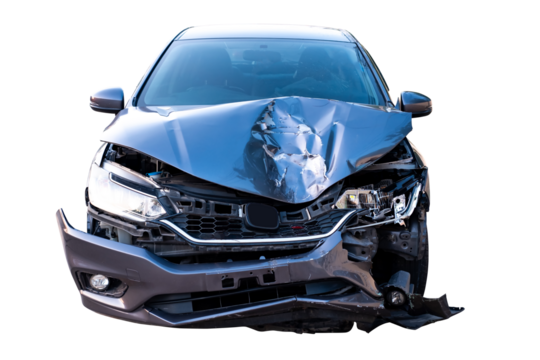Car crash, Front view of modern black car get damaged by accident on the road. damaged cars after collision. isolated on transparent background, PNG File