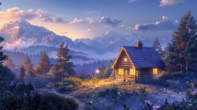 cozy mountain house illuminated at dusk peaceful evening scenery ai generated illustration