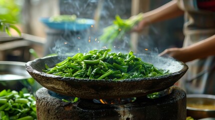 Stirfried morning glory, vibrant green, served in a rustic earthenware dish, soft focus on a busy...