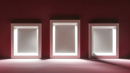 A sequence of three white picture frames against a maroon background, each spotlighted to enhance its architectural features.
