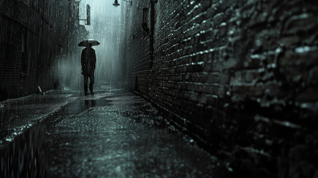 Eye-level angle photo of a lone figure standing in a rain-soaked alley